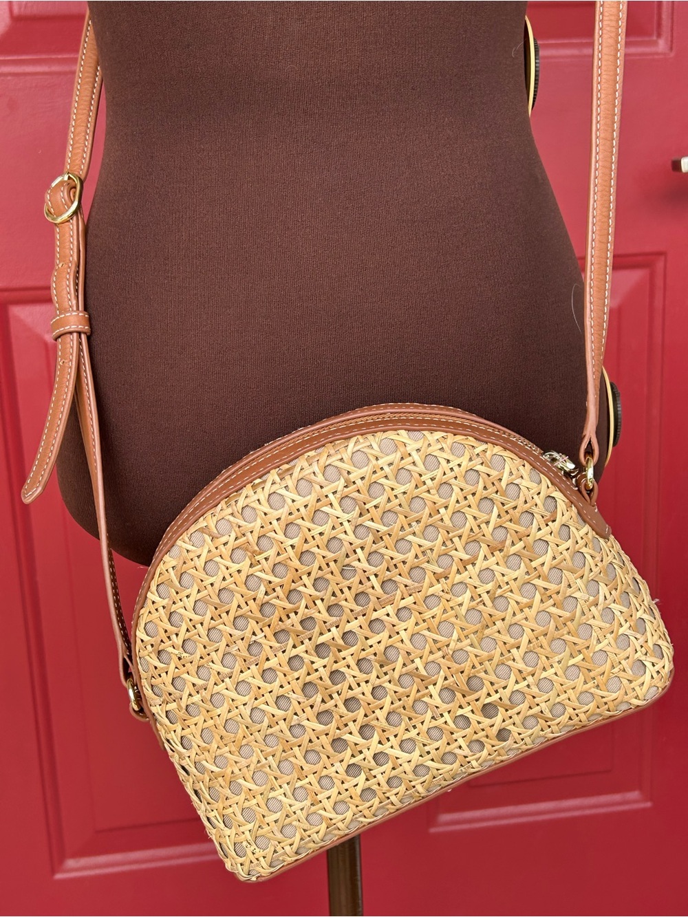 NWOT TALBOTS Woven Rattan Crossbody Bag in Tan-adjustable leather strap/trim